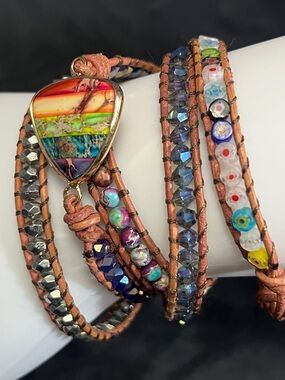 Multicolor Jasper Heart Stone Wrap Bracelet -